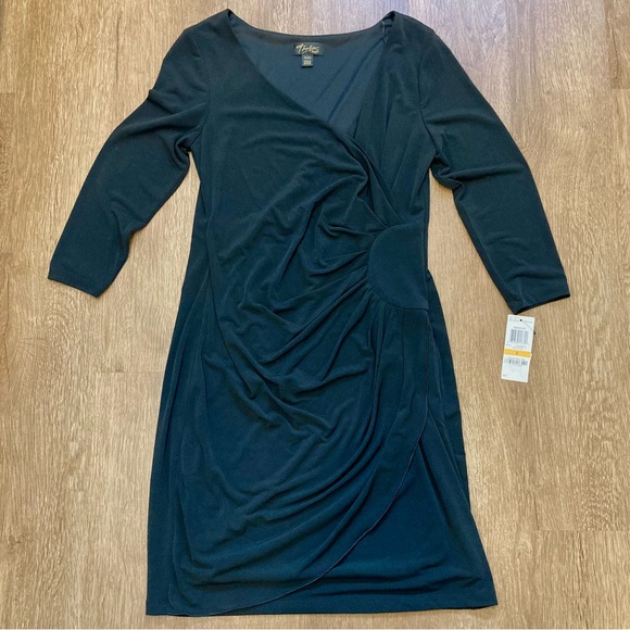 NOS Black Faux Wrap Dress Size Small Thalia Sodi 3/4 Length Sleeves V Neck - Picture 8 of 16